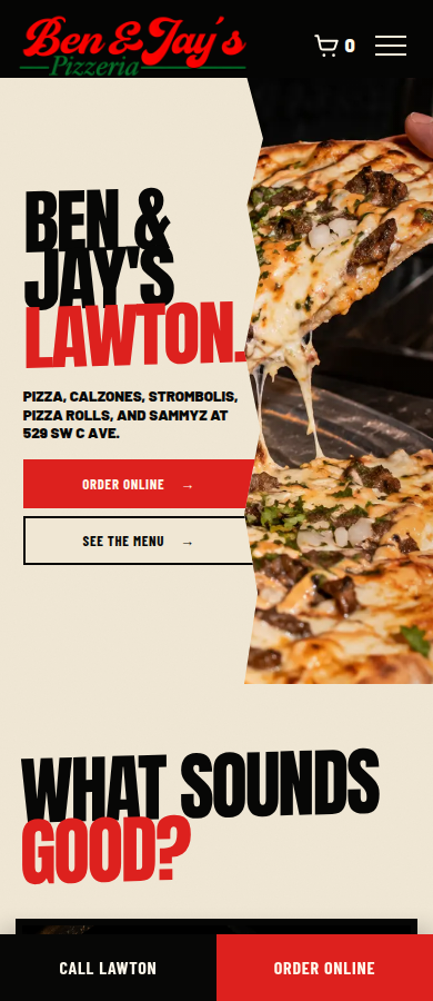 Actual mobile version of Ben and Jay’s website with menu and ordering actions