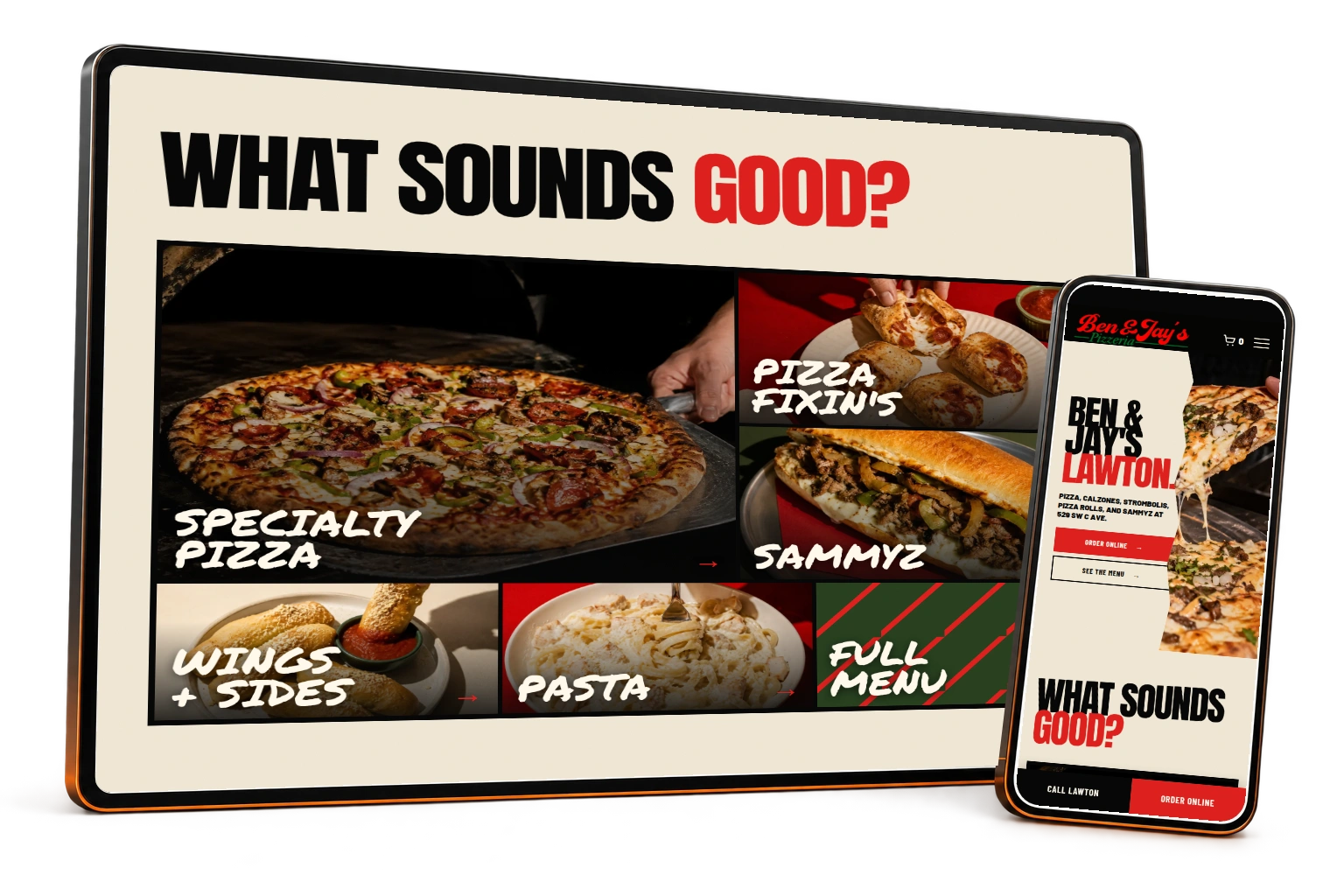 Ben & Jay’s actual food navigation and mobile homepage, presented together