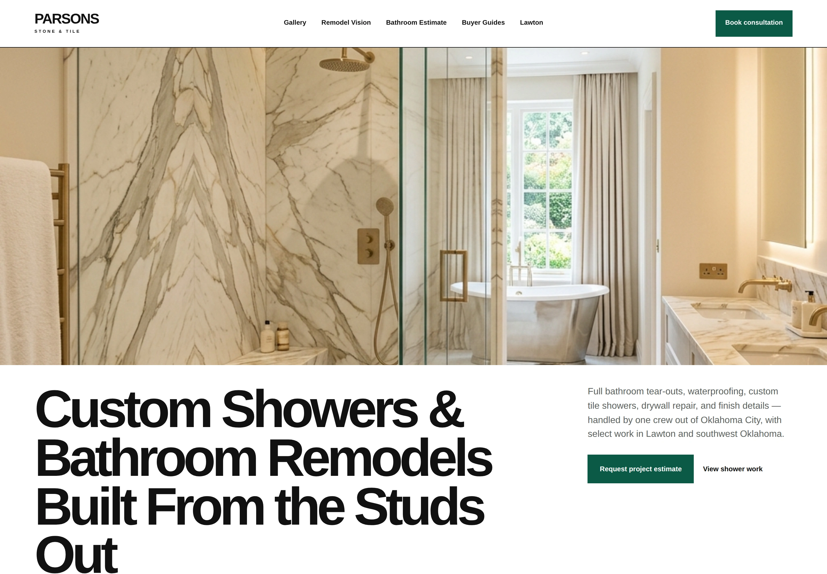 Complete OKCBath.com homepage capture built for Parsons Stone and Tile, including the logo and full headline