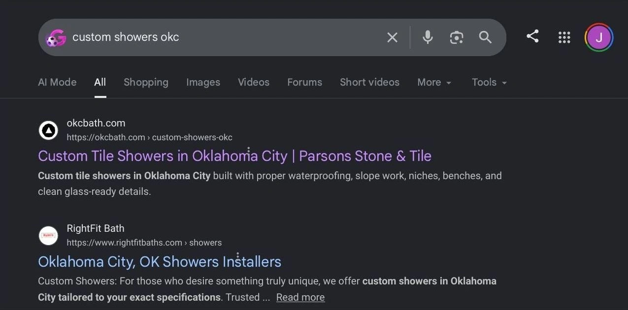 Recorded organic results for custom showers OKC, with Parsons Stone & Tile first