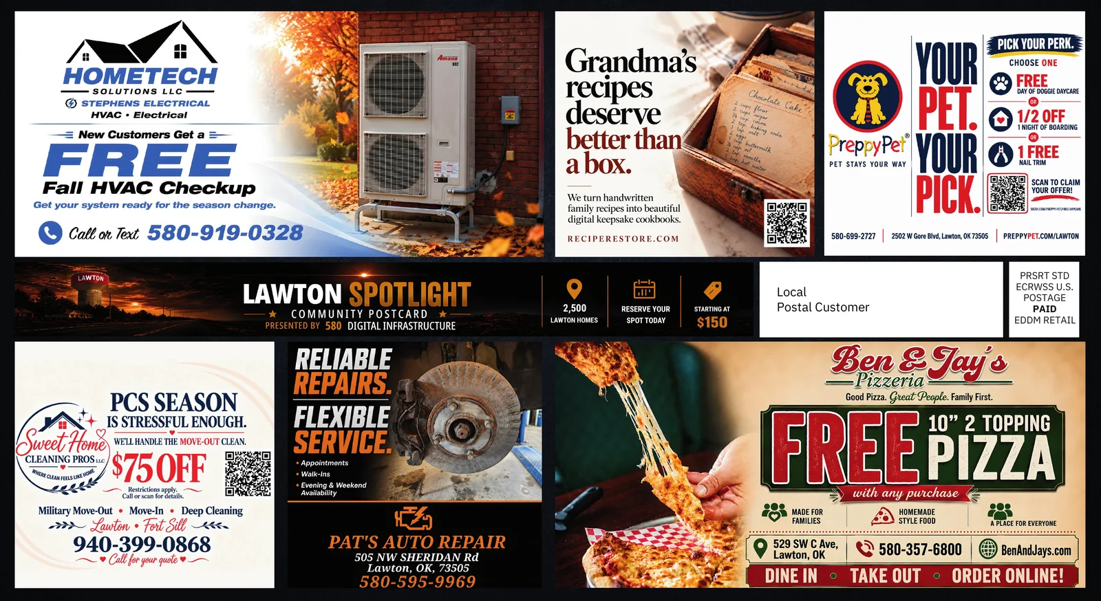 Actual reverse of the Lawton Community Spotlight postcard with local business offers and mailing panel