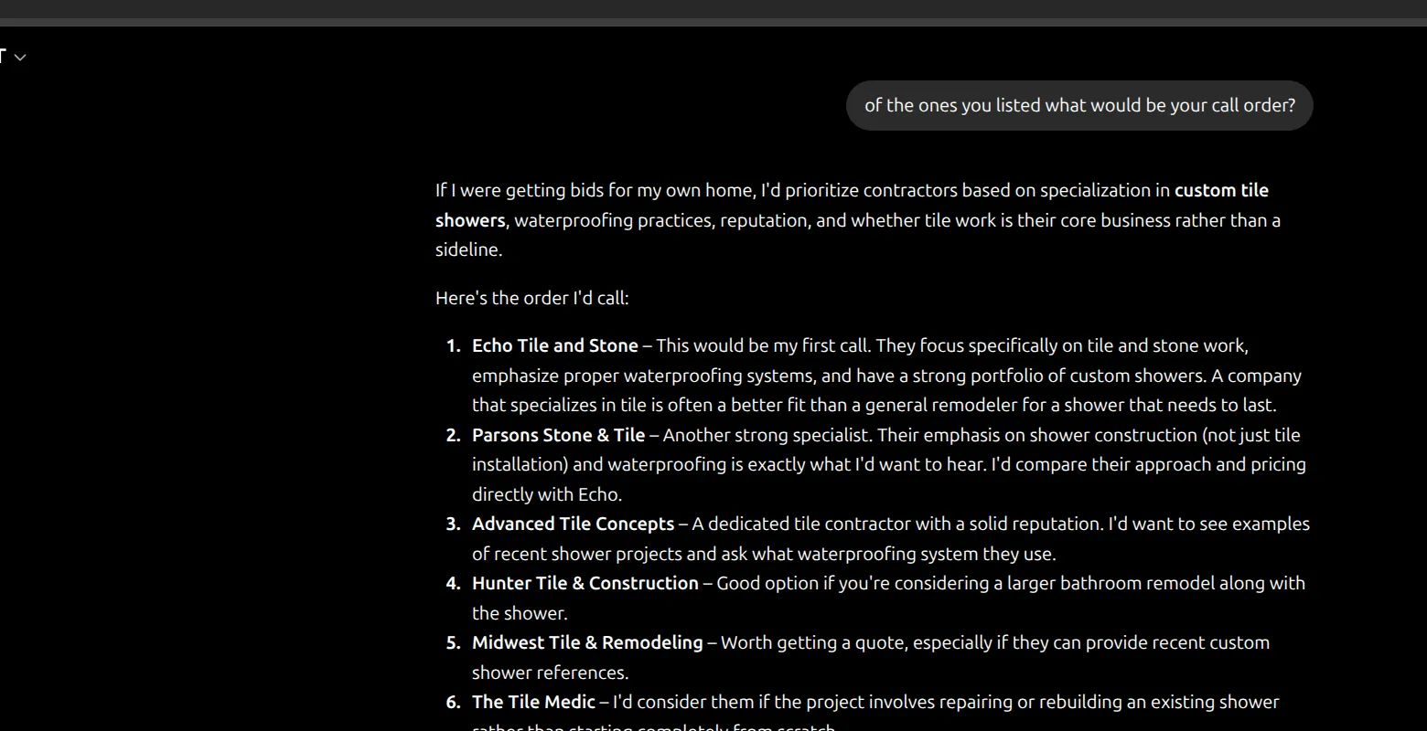 Recorded ChatGPT answer listing Parsons Stone & Tile as a recommended contractor