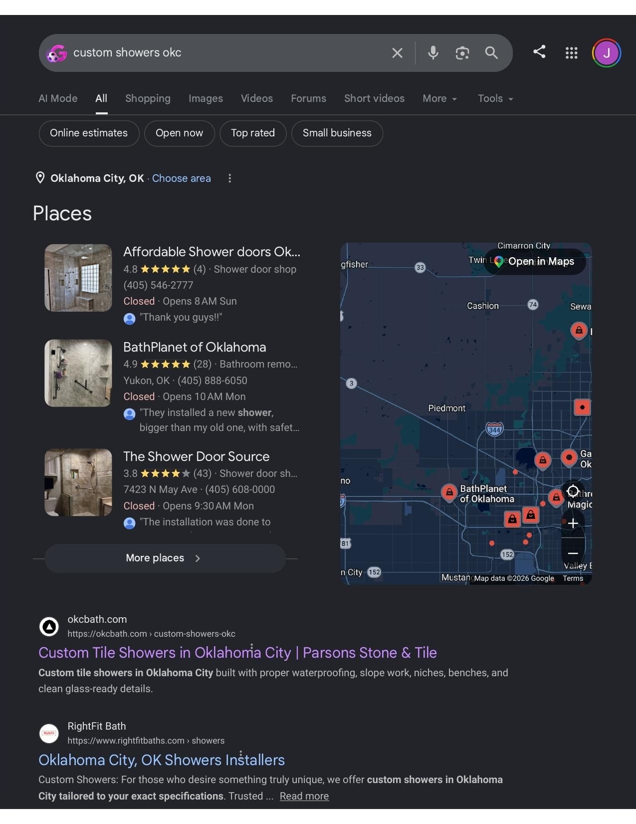 Recorded Google result showing the OKC Bath custom showers page