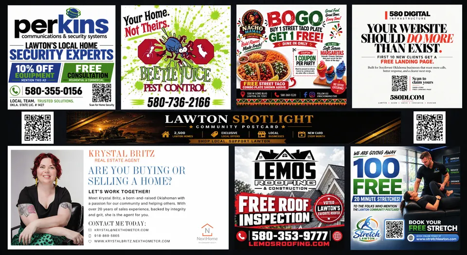 The October Lawton Spotlight, back of postcard. Tap an ad to open its Spotlight page.