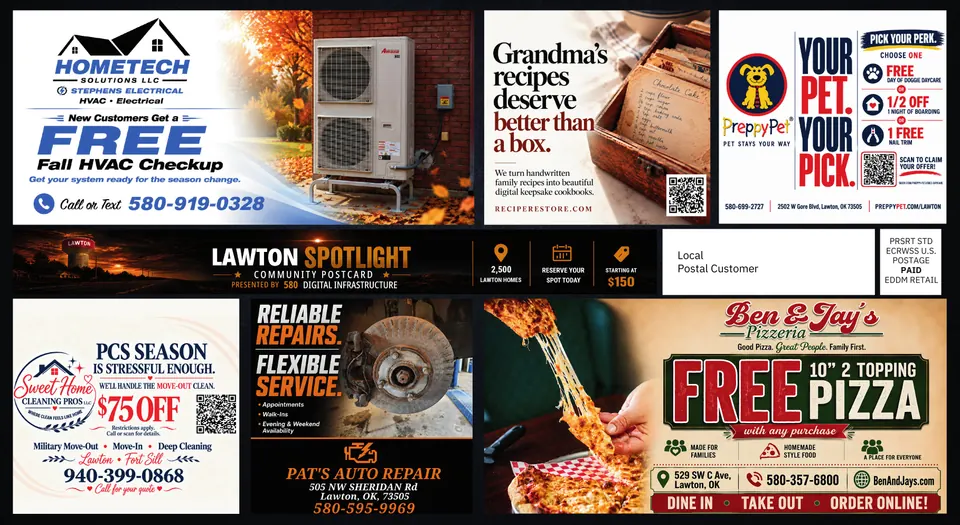 The October Lawton Spotlight, front of postcard. Tap an ad to open its Spotlight page.