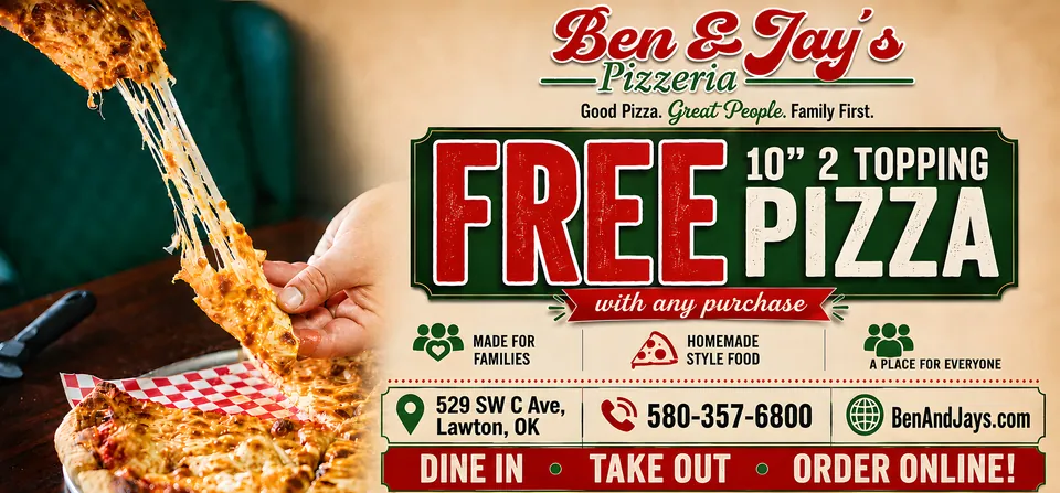 Ben & Jay's Pizzeria advertisement as printed in the October 2026 Lawton Spotlight