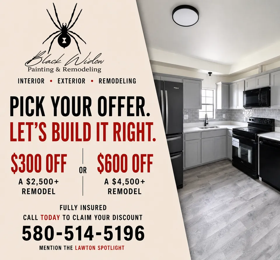 Black Widow Painting & Remodeling advertisement as printed in the September 2026 Lawton Spotlight