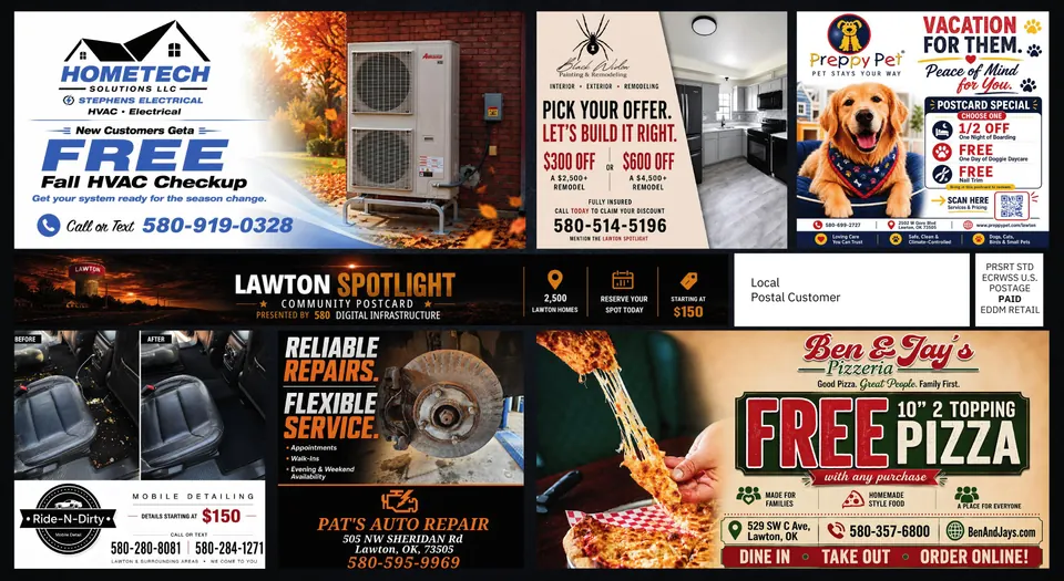 The September Lawton Spotlight, back of postcard. Tap an ad to open its Spotlight page.